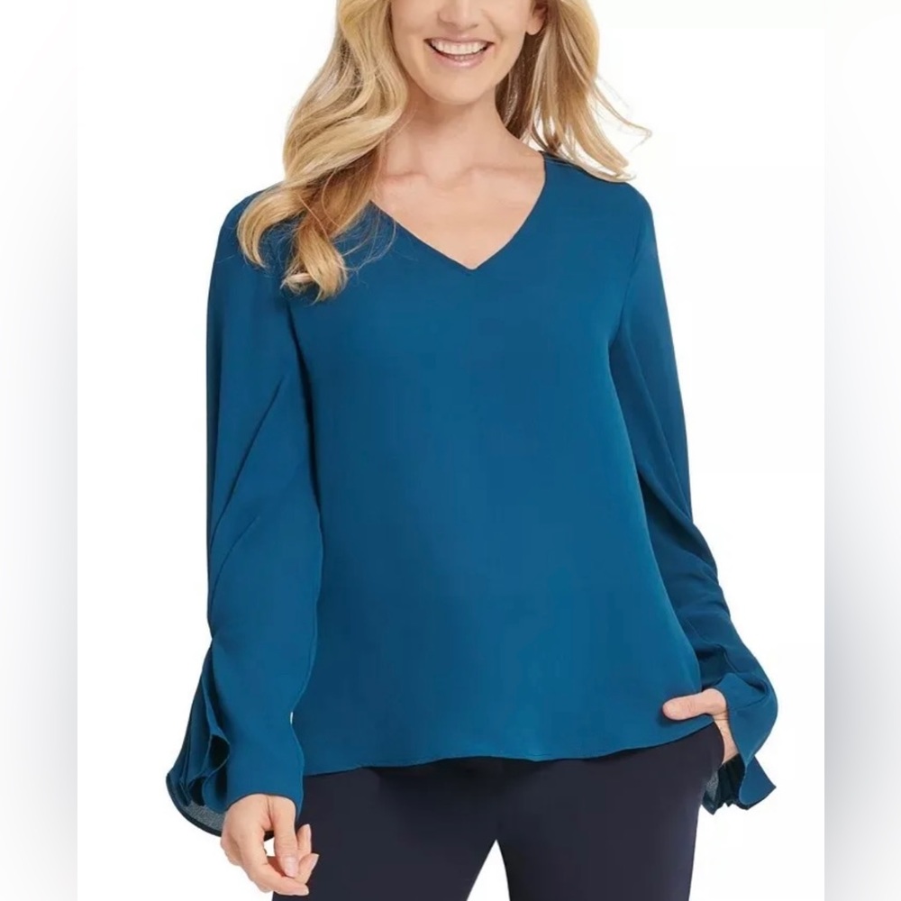 DKNY Women's Pleated Sleeve Blouse Blue Size XL